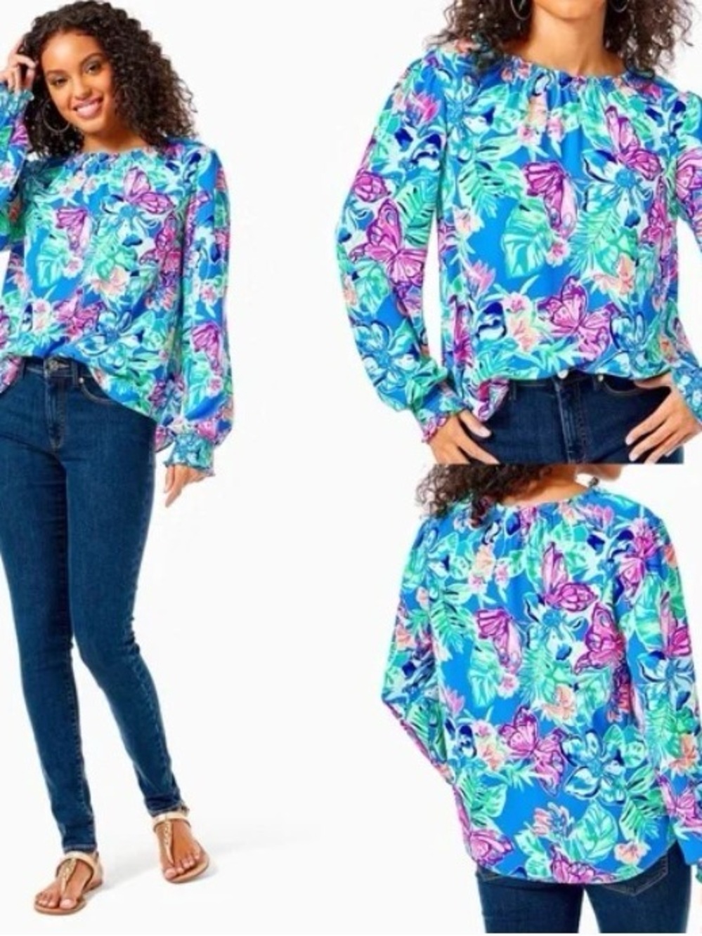 Lilly Pulitzer Blue Multicolor Butterfly Floral Blouse